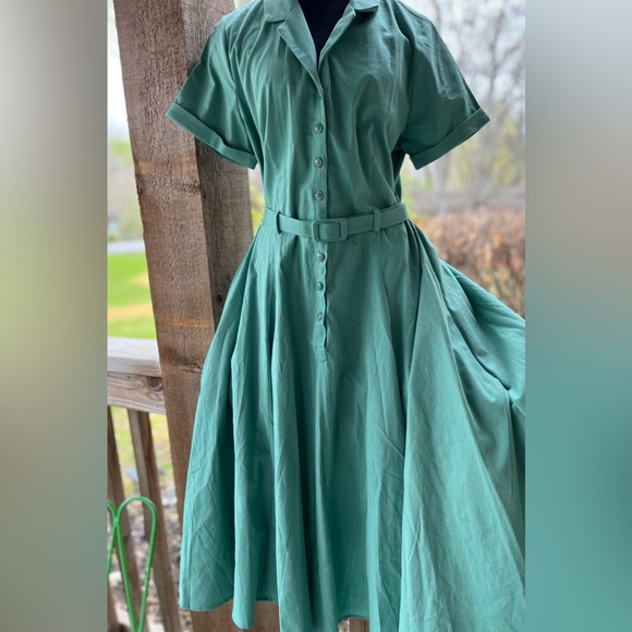 Colectif Vintage London Catalina Sea Green Swing House Dress Buttons Belt NWT - Picture 4 of 13
